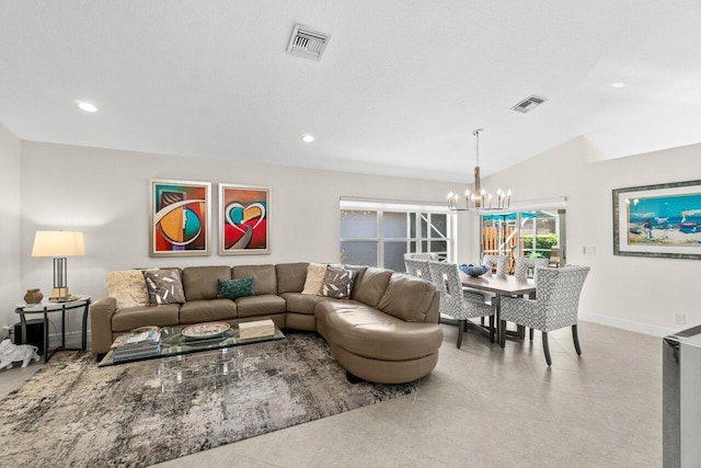 living area with a chandelier, baseboards, recessed lighting, and vaulted ceiling