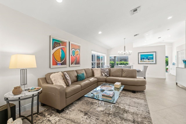 living room with a chandelier, vaulted ceiling, recessed lighting, baseboards, and tile patterned floors