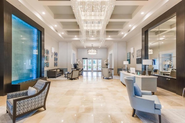common area with coffered ceiling, a high ceiling, and beam ceiling