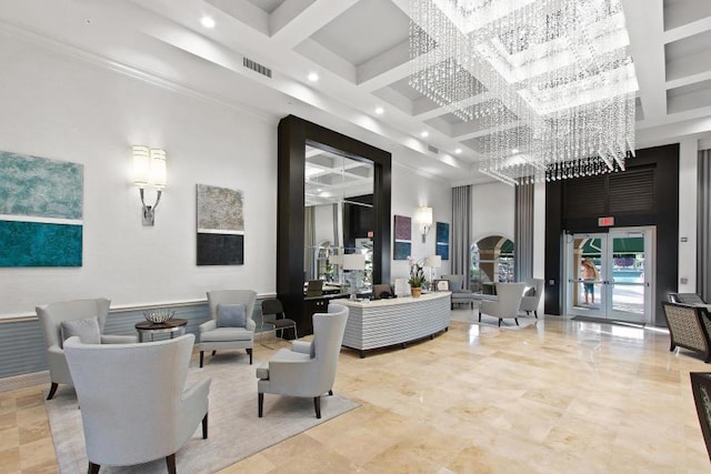 common area featuring coffered ceiling, a towering ceiling, beamed ceiling, and recessed lighting