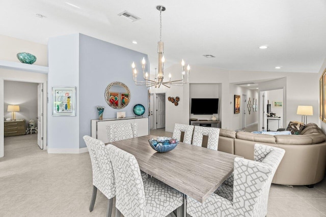 dining area with a chandelier, lofted ceiling, light tile patterned floors, recessed lighting, and baseboards