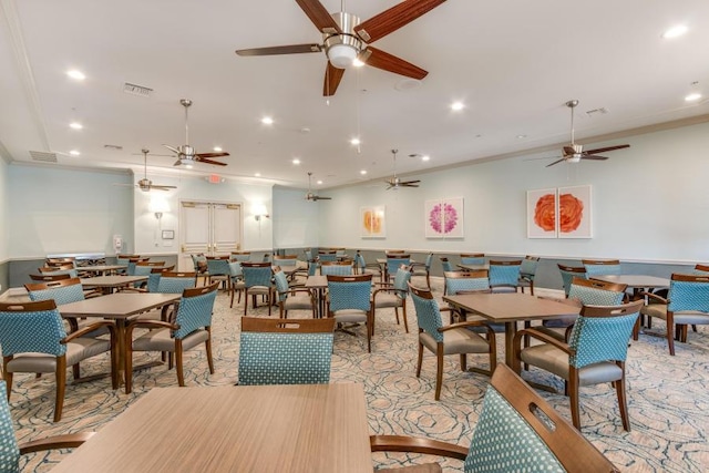 dining room featuring a ceiling fan, crown molding, and recessed lighting