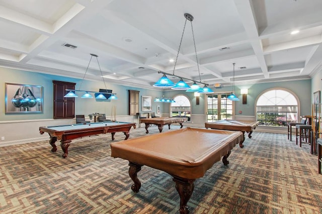 playroom with coffered ceiling, billiards, carpet, beamed ceiling, and wainscoting