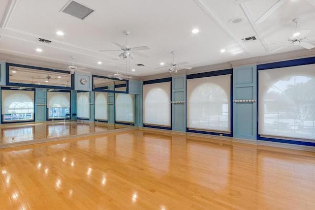 spare room with wood finished floors, ceiling fan, recessed lighting, and ornamental molding