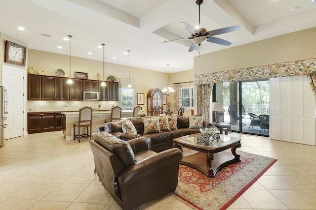 4885 SW Gossamer Cir, Palm City, FL 34990 - living area featuring light tile patterned floors, ceiling fan, recessed lighting, beam ceiling, and coffered ceiling