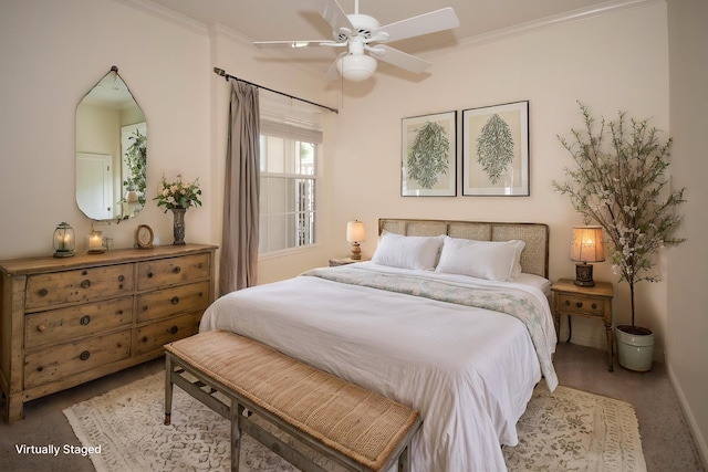 bedroom with baseboards, crown molding, and ceiling fan