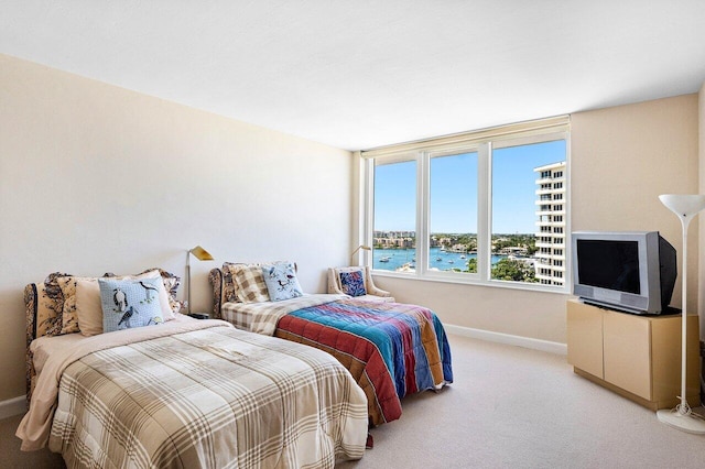 bedroom with baseboards and light carpet
