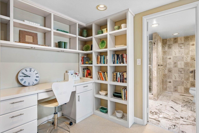 office area featuring built in study area and recessed lighting