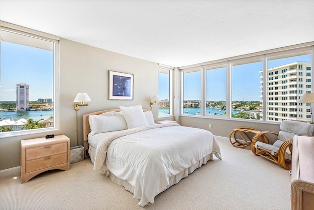 bedroom featuring baseboards, carpet floors, a view of city, and a water view