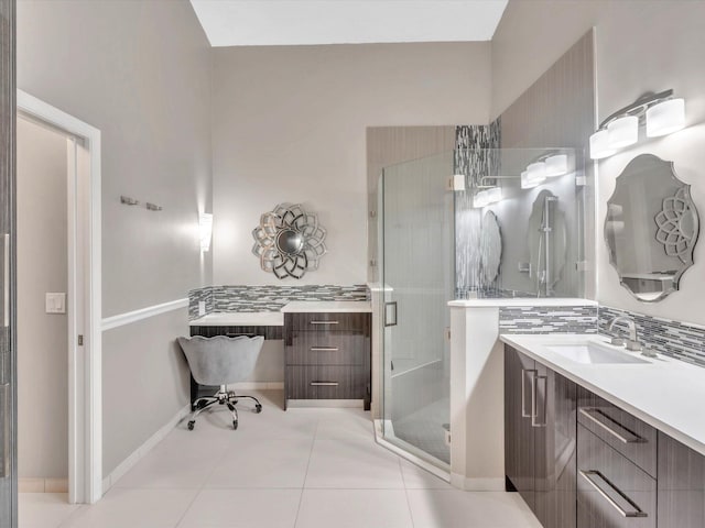 full bathroom with a shower stall, vanity, tile patterned floors, and tasteful backsplash