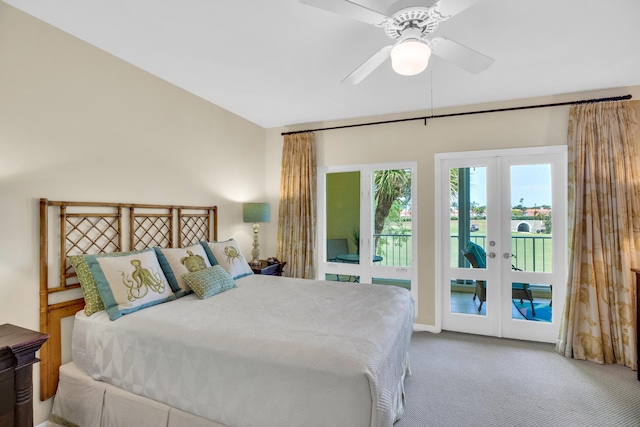 carpeted bedroom with french doors, access to outside, and a ceiling fan