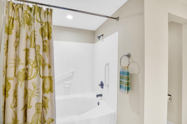 full bathroom with shower / tub combo with curtain and recessed lighting