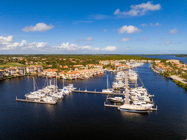 drone / aerial view of a large body of water and a marina