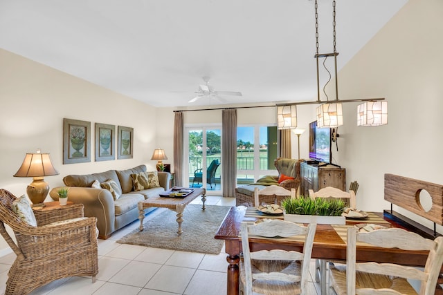 living room with light tile patterned floors and a ceiling fan