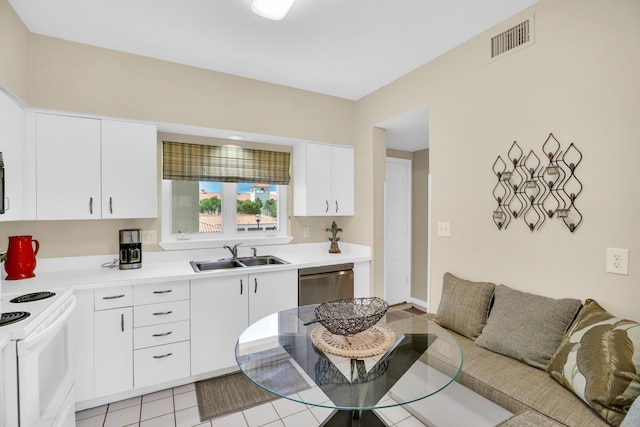 kitchen featuring a sink, dishwasher, white range with electric stovetop, light countertops, and white cabinetry