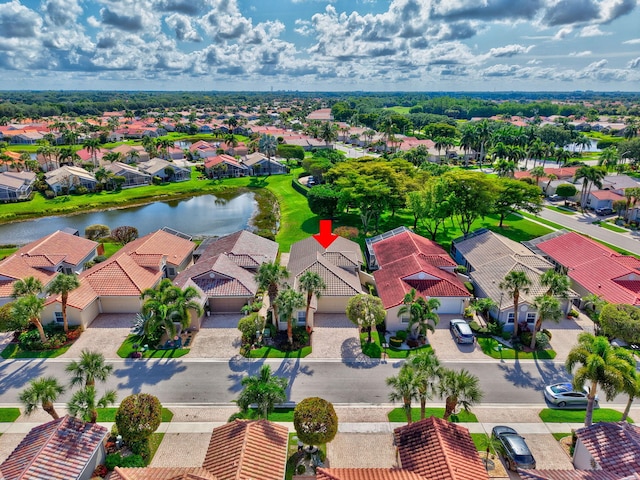 aerial view of residential area featuring a large body of water