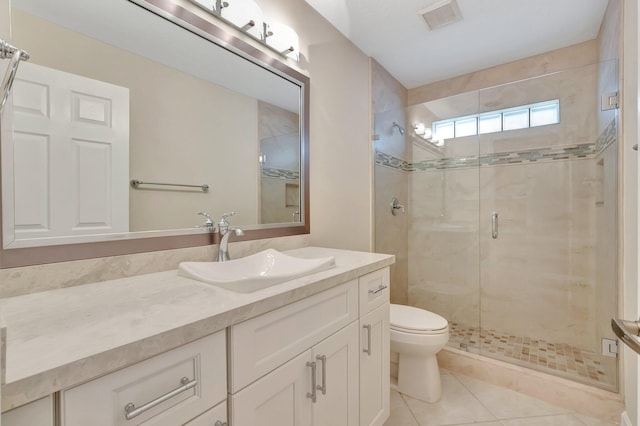bathroom featuring tile patterned floors, toilet, a stall shower, and vanity