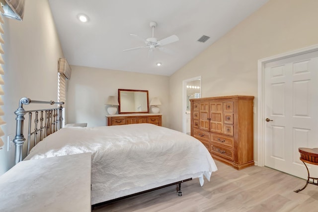 bedroom with vaulted ceiling, light wood finished floors, recessed lighting, and a ceiling fan