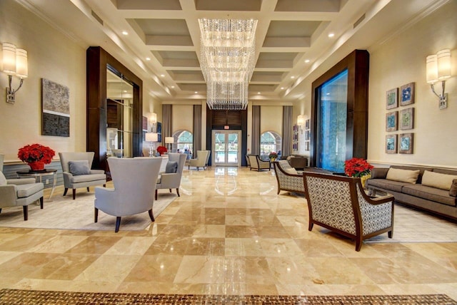community lobby with coffered ceiling