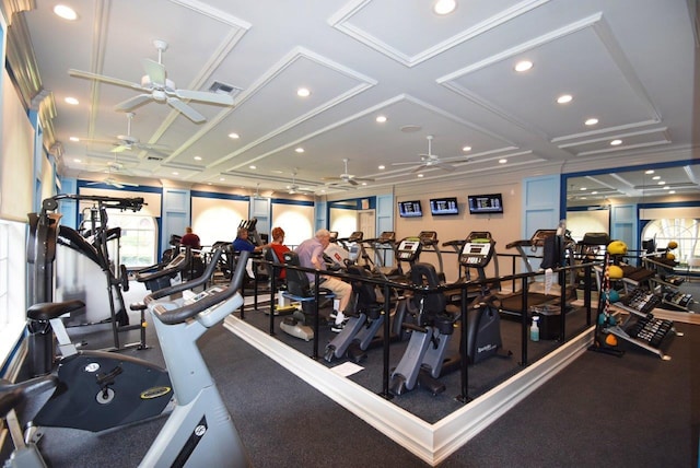 gym with a ceiling fan, coffered ceiling, recessed lighting, and ornamental molding