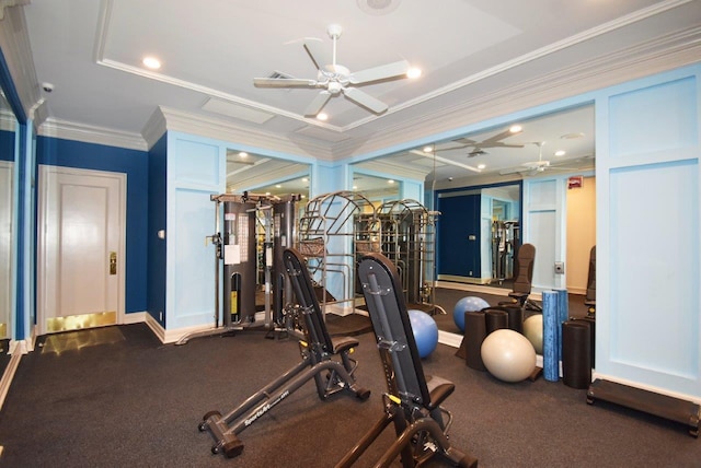 gym with a ceiling fan, ornamental molding, and baseboards