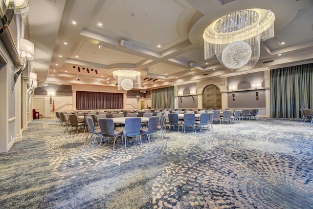 lobby with coffered ceiling and recessed lighting
