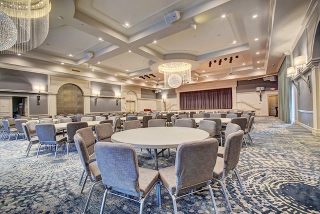 dining area with carpet, coffered ceiling, and a high ceiling