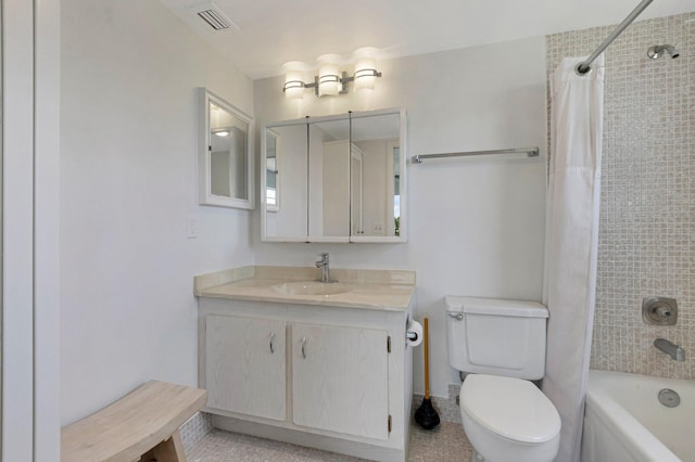full bathroom with toilet, vanity, and shower / bathtub combination with curtain