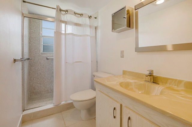 bathroom with a stall shower, toilet, tile patterned floors, and vanity