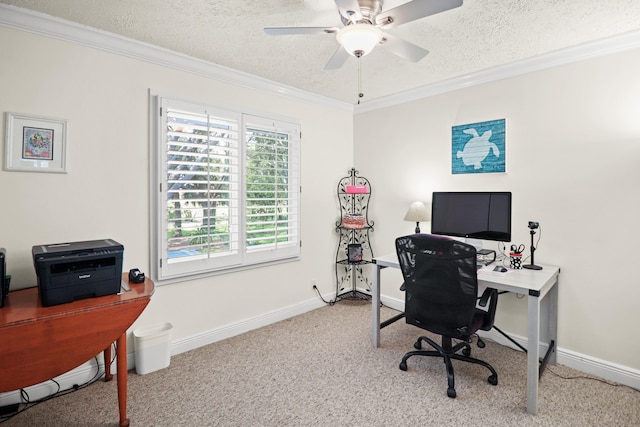 2414 SW Love Ct, Palm City, FL 34990 - carpeted office space featuring a textured ceiling, ornamental molding, ceiling fan, and baseboards
