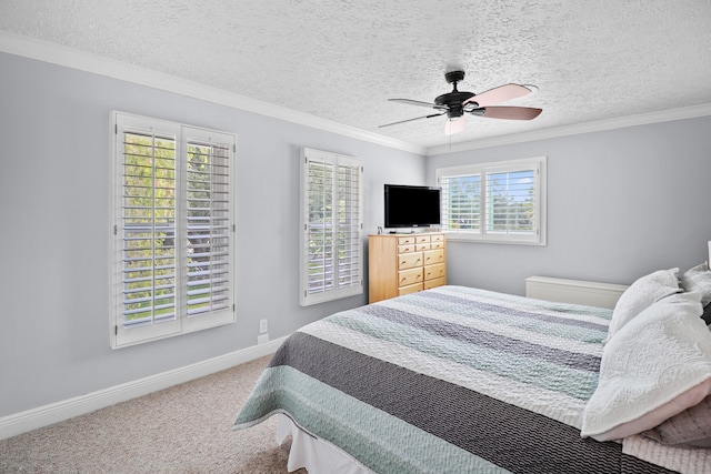 2414 SW Love Ct, Palm City, FL 34990 - bedroom with carpet flooring, crown molding, baseboards, a textured ceiling, and a ceiling fan