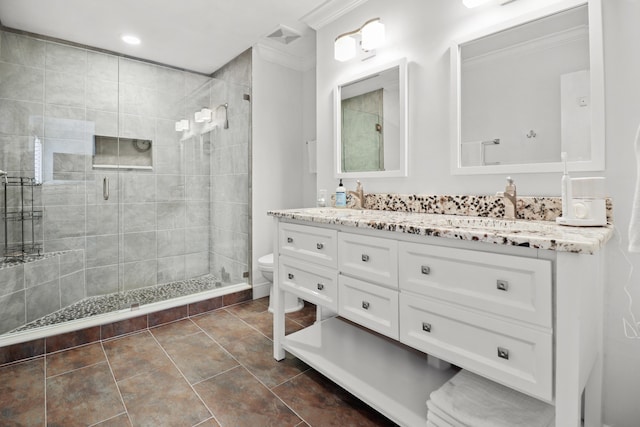 2414 SW Love Ct, Palm City, FL 34990 - full bath with ornamental molding, a stall shower, toilet, vanity, and recessed lighting