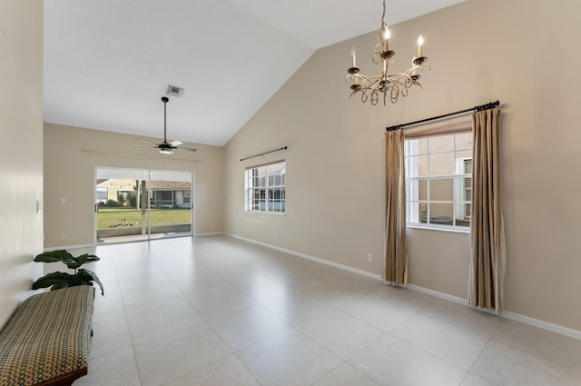 6616 Marissa Cir, Lake Worth, FL 33467 - unfurnished room with a chandelier, high vaulted ceiling, ceiling fan, baseboards, and light tile patterned floors
