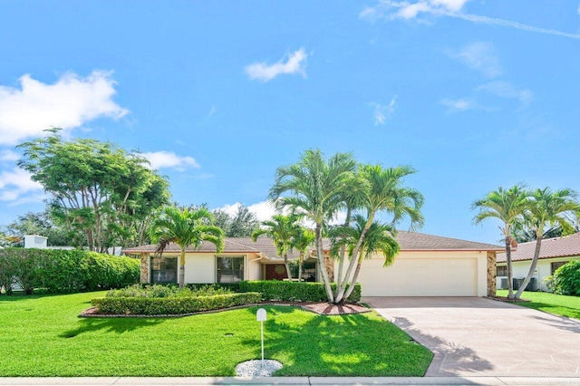 single story home with concrete driveway, a garage, a front yard, and stucco siding