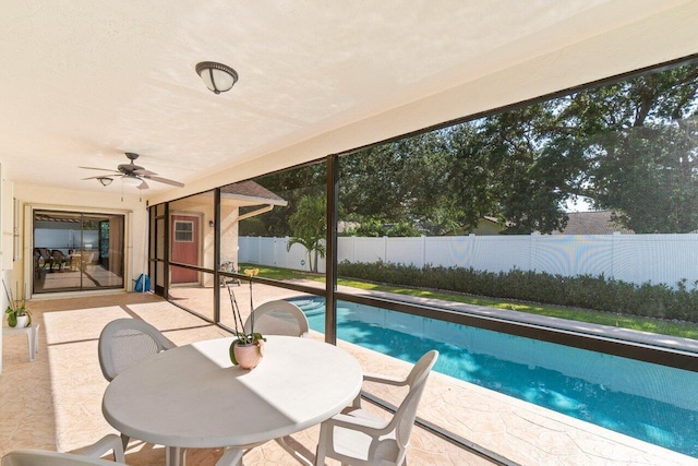 view of swimming pool featuring a fenced backyard, a patio, and ceiling fan