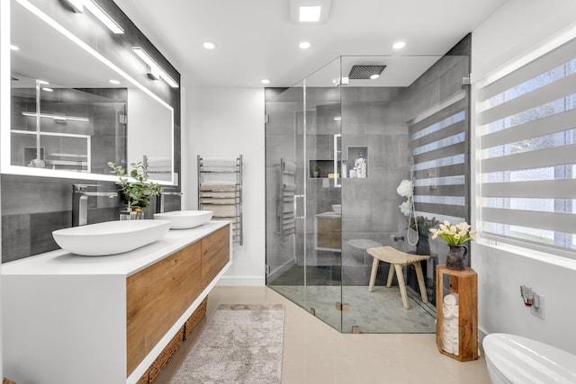 11290 SW 48th St, Miami, FL 33165 - full bath with a shower stall, toilet, double vanity, and recessed lighting