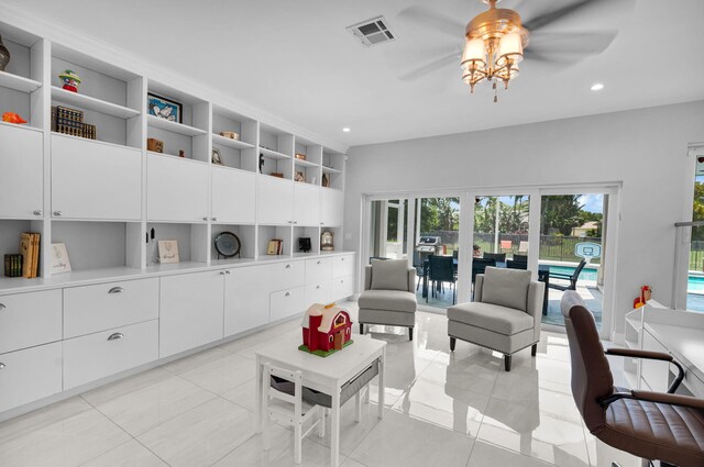 6851 Giralda Cir, Boca Raton, FL 33433 - living area with a ceiling fan, recessed lighting, and light tile patterned floors