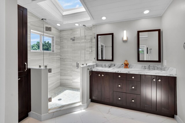 6851 Giralda Cir, Boca Raton, FL 33433 - bathroom featuring double vanity, a stall shower, a skylight, recessed lighting, and baseboards