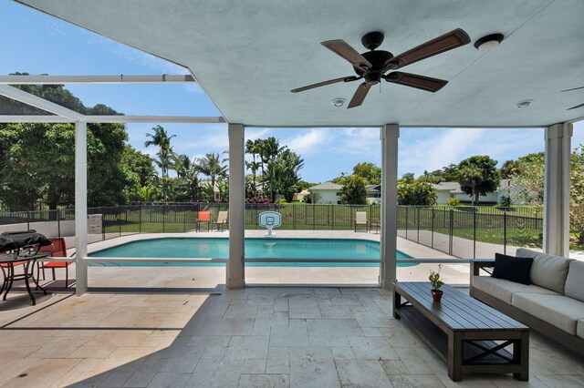 6851 Giralda Cir, Boca Raton, FL 33433 - view of pool featuring an outdoor living space, a patio area, and a ceiling fan