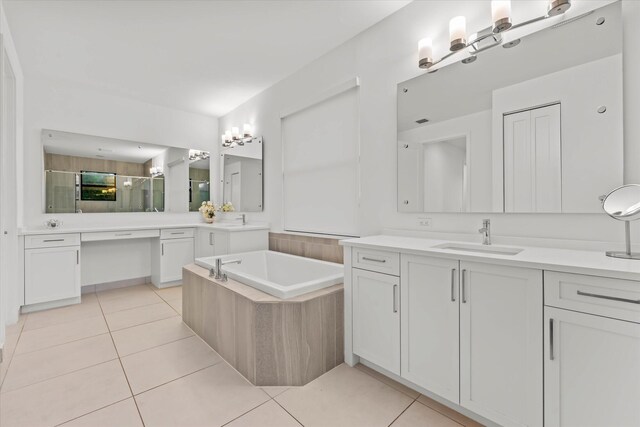 17516 Rainstream Rd, Boca Raton, FL 33496 - bathroom with tile patterned floors, a shower stall, a bath, and two vanities