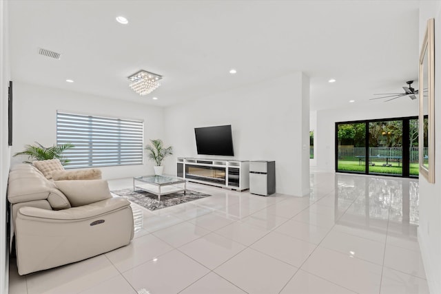 17516 Rainstream Rd, Boca Raton, FL 33496 - living room with tile patterned floors, recessed lighting, and ceiling fan