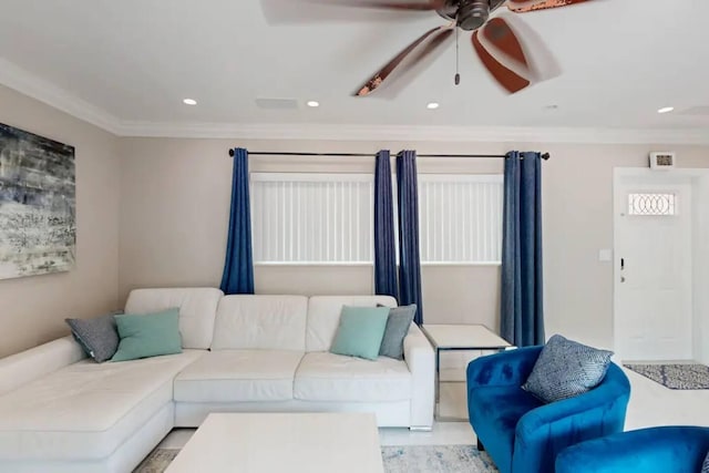 1760 Bel Air Ave, Lauderdale By The Sea, FL 33062 - living area with ceiling fan, ornamental molding, and recessed lighting