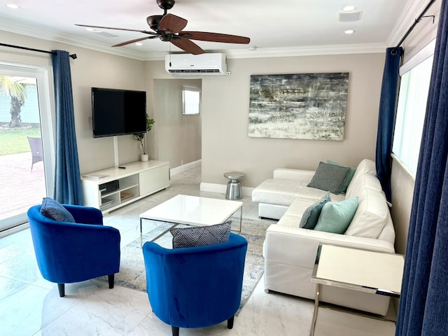 1760 Bel Air Ave, Lauderdale By The Sea, FL 33062 - living room featuring a wall unit AC, healthy amount of natural light, marble look tiles, ceiling fan, and recessed lighting