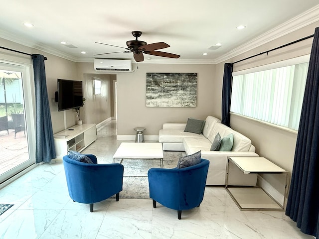 1760 Bel Air Ave, Lauderdale By The Sea, FL 33062 - living area featuring a wall mounted air conditioner, light marble finish floors, ceiling fan, recessed lighting, and ornamental molding
