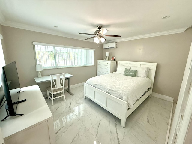 1760 Bel Air Ave, Lauderdale By The Sea, FL 33062 - bedroom with light marble finish flooring, a wall unit AC, ornamental molding, and ceiling fan