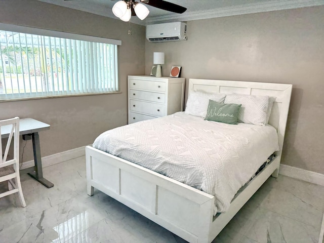 1760 Bel Air Ave, Lauderdale By The Sea, FL 33062 - bedroom with an AC wall unit, ornamental molding, and a ceiling fan