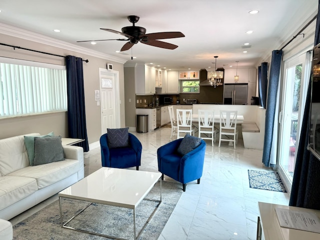 1760 Bel Air Ave, Lauderdale By The Sea, FL 33062 - living area featuring light marble finish flooring, crown molding, ceiling fan, recessed lighting, and a chandelier