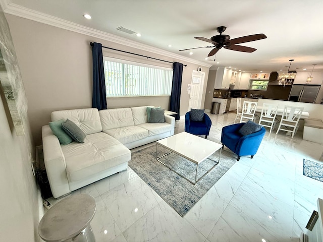 1760 Bel Air Ave, Lauderdale By The Sea, FL 33062 - living room featuring a ceiling fan, recessed lighting, light marble finish floors, crown molding, and a chandelier