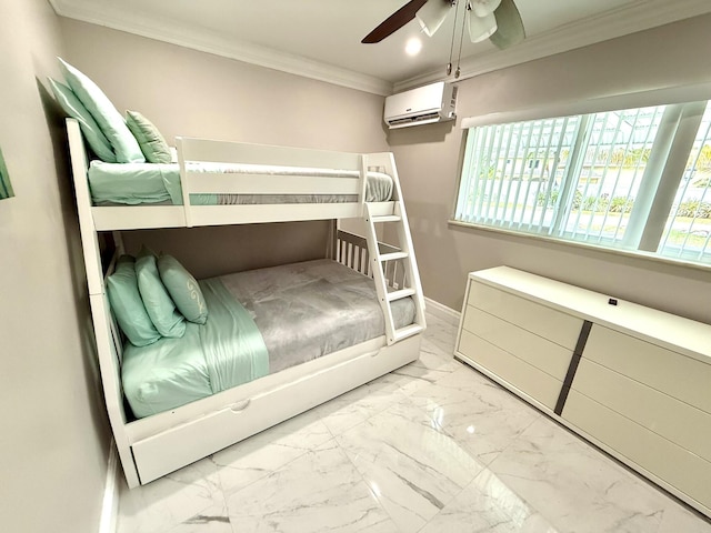 1760 Bel Air Ave, Lauderdale By The Sea, FL 33062 - bedroom with a wall mounted air conditioner, crown molding, marble look tiles, ceiling fan, and recessed lighting