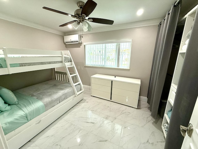 1760 Bel Air Ave, Lauderdale By The Sea, FL 33062 - bedroom with a wall mounted air conditioner, crown molding, marble look tiles, a ceiling fan, and recessed lighting